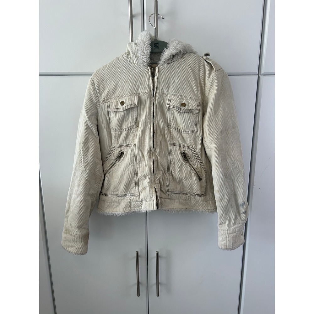 Vintage Cream Corduroy Faux Fur Lined Hooded Jacket Large Utility Trucker Coat